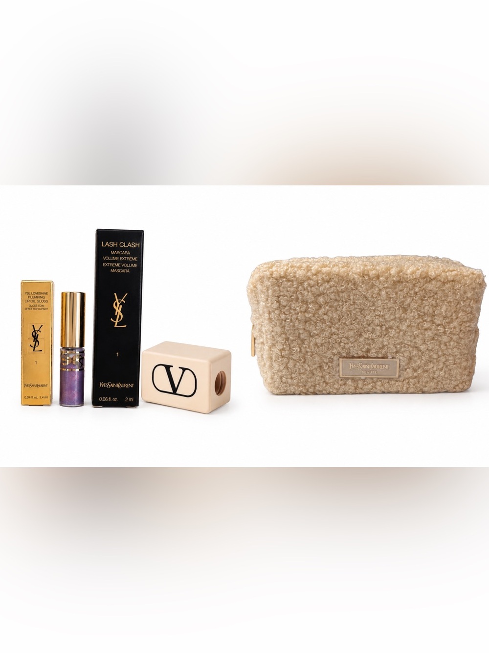 Luxury YSL Sherpa Cosmetic Bag, Lip Plumper, Mascara & Valentino Beauty Bundle